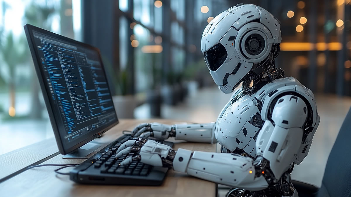 Imagem de um robô, para representar a IA, digitando em um computador, sentado a mesa de um escritório Imagem de um robô, para representar a IA, digitando em um computador, sentado a mesa de um escritório