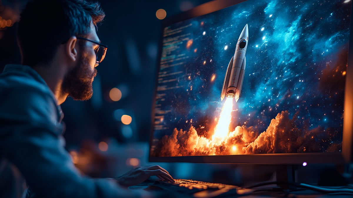 Um redator escreveu um artigo no computador e vendo seus resultados subindo como um foguete. Um redator escreveu um artigo no computador e vendo seus resultados subindo como um foguete.